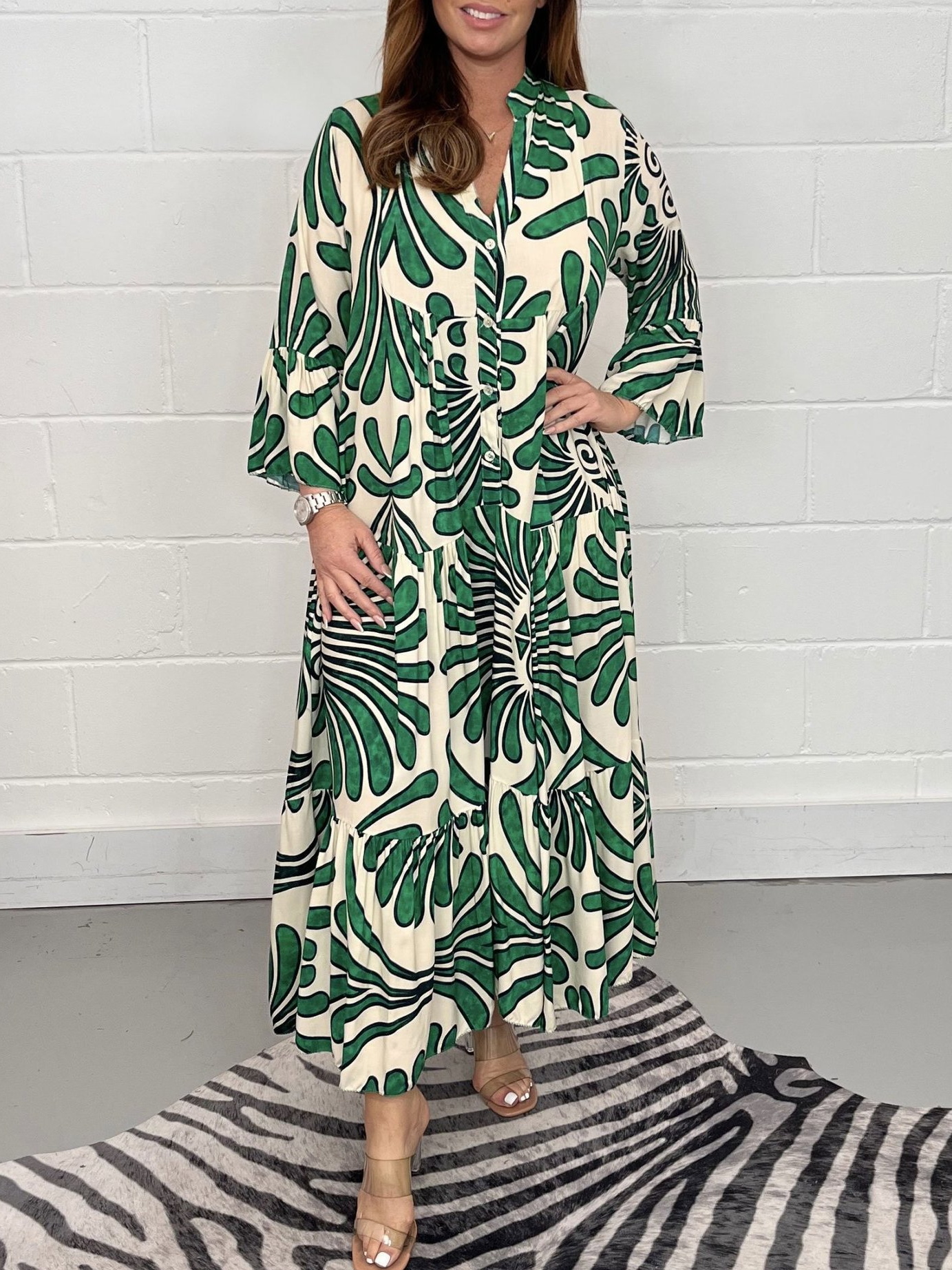 Femmes Géométrique Vert Col Châle Confortable Robe Mi-Longue Décontracté
