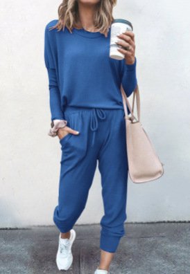 Deux Pièces Ensembles Femmes Décontracté Plain Printemps / Automne Naturel Ample Jersey Manches Longues Top Avec Pantalons Régulier
