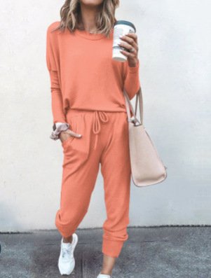 Deux Pièces Ensembles Femmes Décontracté Plain Printemps / Automne Naturel Ample Jersey Manches Longues Top Avec Pantalons Régulier