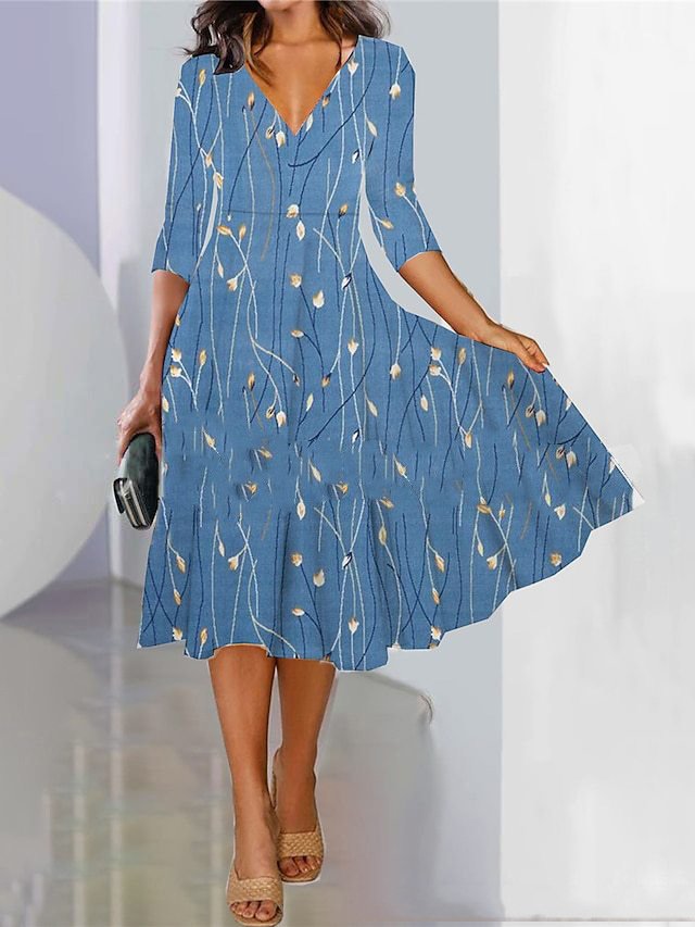 Femmes Floral Couleur 1 Col V Confortable Robe Mi-Longue Décontracté