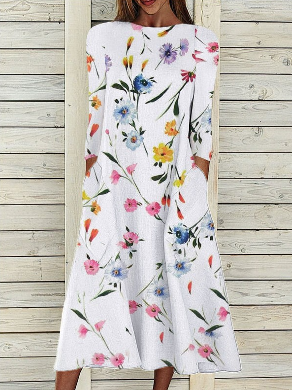 Femmes Floral Blanc Col Rond Confortable Robe Maxi Décontracté