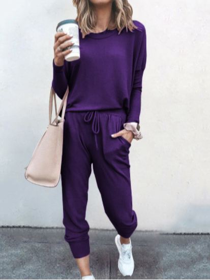 Deux Pièces Ensembles Femmes Décontracté Plain Printemps / Automne Naturel Ample Jersey Manches Longues Top Avec Pantalons Régulier