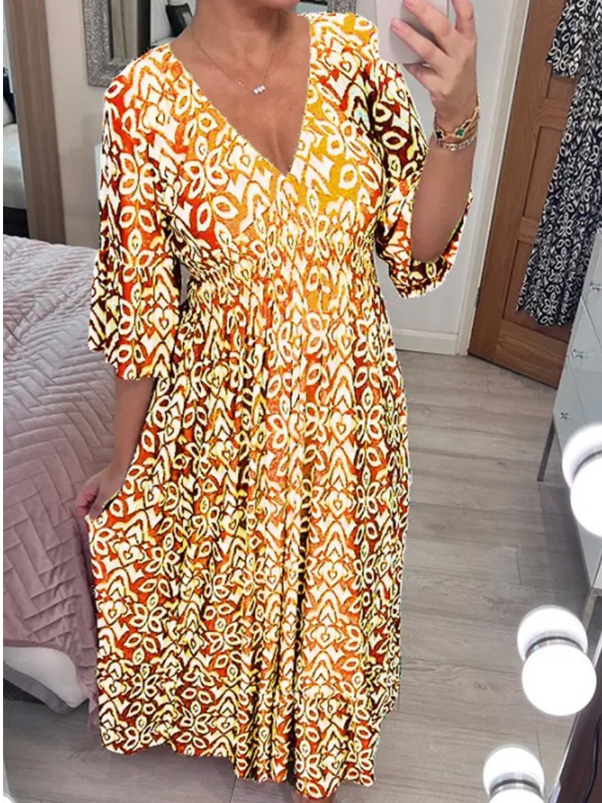 Femmes Ethnique Rouge Col V Confortable Robe Maxi Décontracté