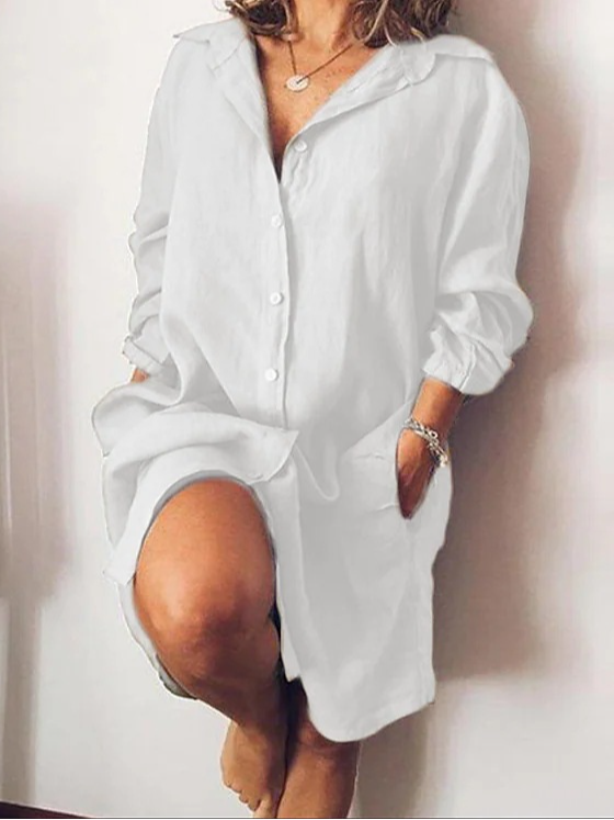 Femmes Plain Blanc Col de Chemise Confortable Mini Robe Décontracté