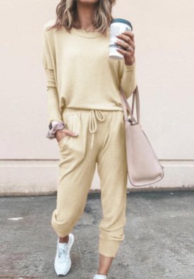 Deux Pièces Ensembles Femmes Décontracté Plain Printemps / Automne Naturel Ample Jersey Manches Longues Top Avec Pantalons Régulier