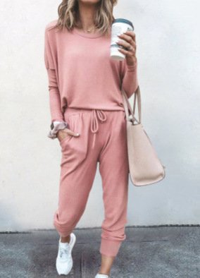 Deux Pièces Ensembles Femmes Décontracté Plain Printemps / Automne Naturel Ample Jersey Manches Longues Top Avec Pantalons Régulier