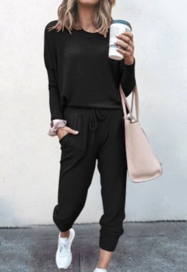 Deux Pièces Ensembles Femmes Décontracté Plain Printemps / Automne Naturel Ample Jersey Manches Longues Top Avec Pantalons Régulier