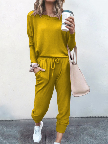 Deux Pièces Ensembles Femmes Décontracté Plain Printemps / Automne Naturel Ample Jersey Manches Longues Top Avec Pantalons Régulier