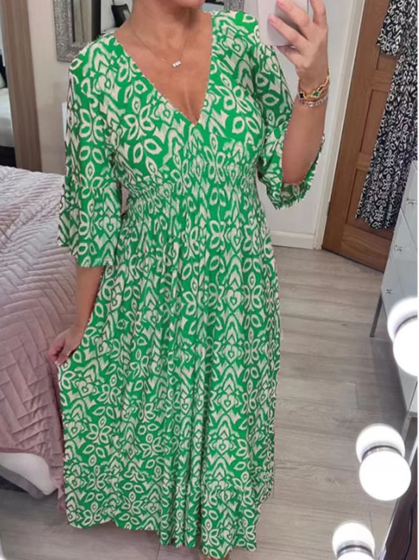 Femmes Ethnique Rouge Col V Confortable Robe Maxi Décontracté