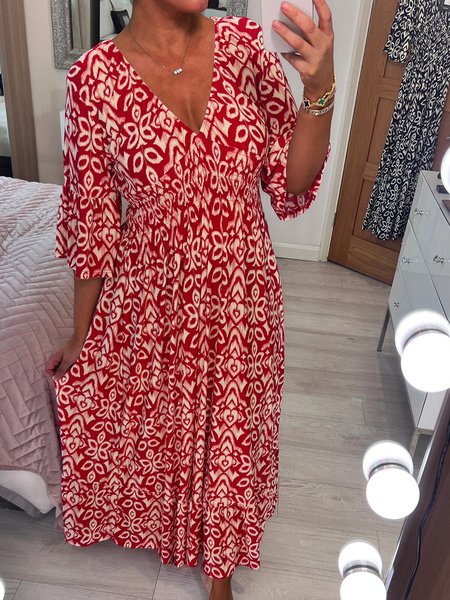 Femmes Ethnique Rouge Col V Confortable Robe Maxi Décontracté