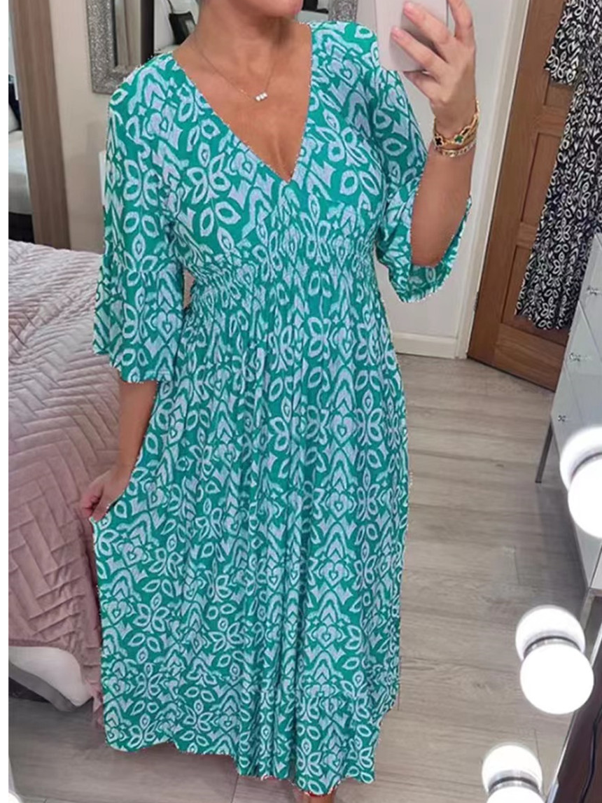 Femmes Ethnique Rouge Col V Confortable Robe Maxi Décontracté