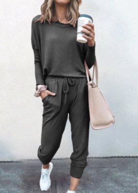 Deux Pièces Ensembles Femmes Décontracté Plain Printemps / Automne Naturel Ample Jersey Manches Longues Top Avec Pantalons Régulier