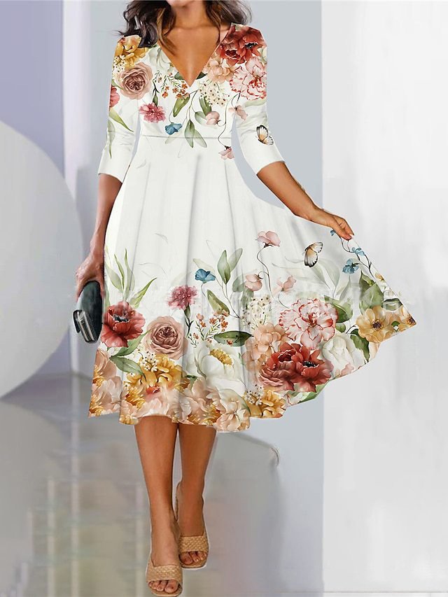 Femmes Floral Couleur 1 Col V Confortable Robe Mi-Longue Décontracté