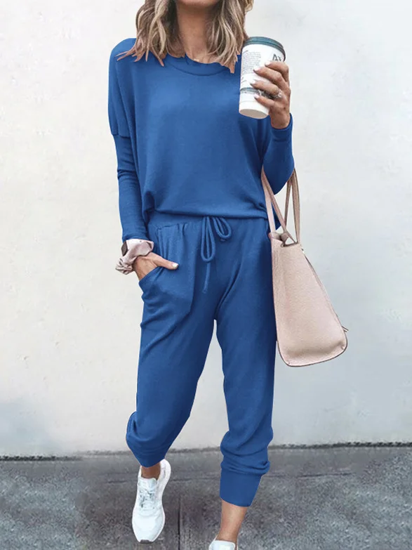 Deux Pièces Ensembles Femmes Décontracté Plain Printemps / Automne Naturel Ample Jersey Manches Longues Top Avec Pantalons Régulier