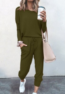 Deux Pièces Ensembles Femmes Décontracté Plain Printemps / Automne Naturel Ample Jersey Manches Longues Top Avec Pantalons Régulier