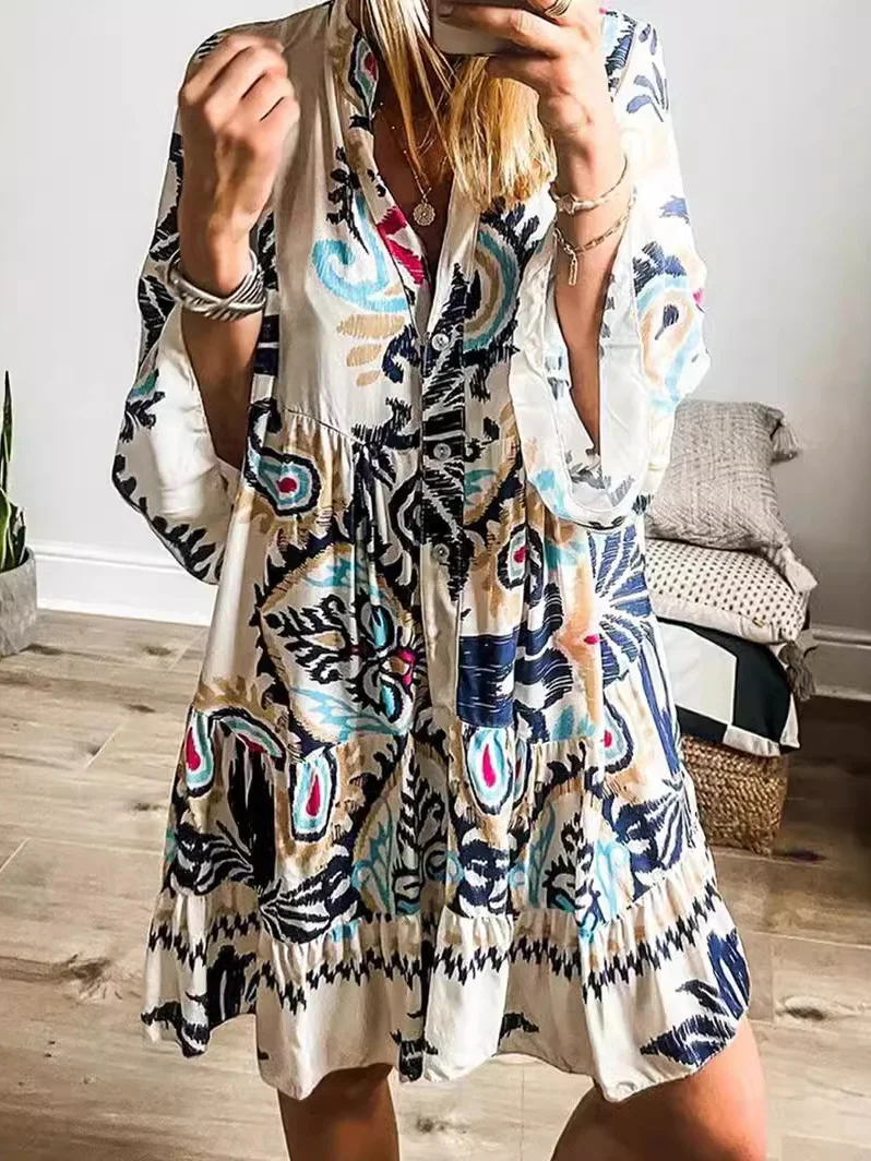 Femmes Ethnique Fleur Col V Confortable Mini Robe Décontracté
