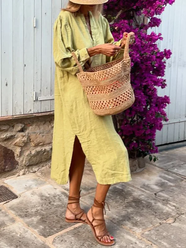 Femmes Plain Jaune Col V Confortable Robe Maxi Décontracté