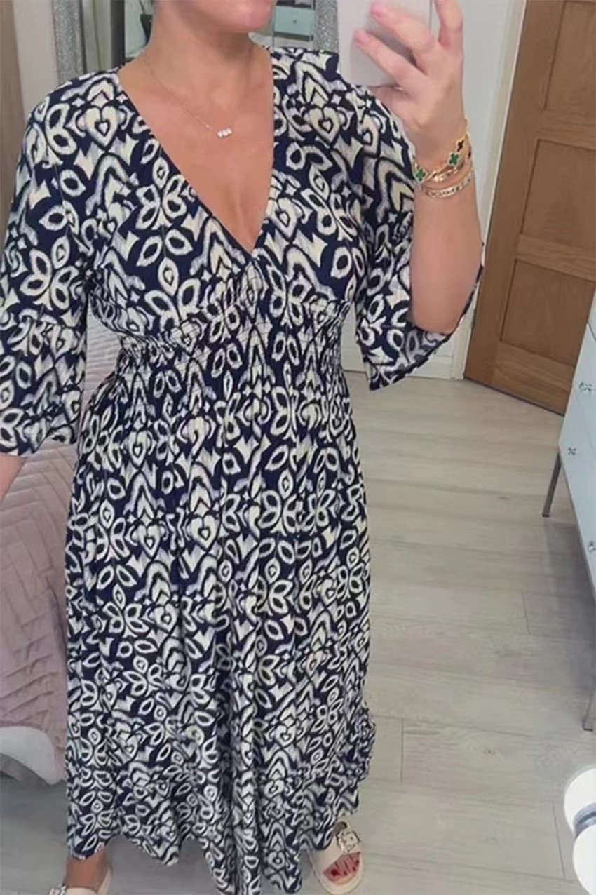 Femmes Ethnique Rouge Col V Confortable Robe Maxi Décontracté