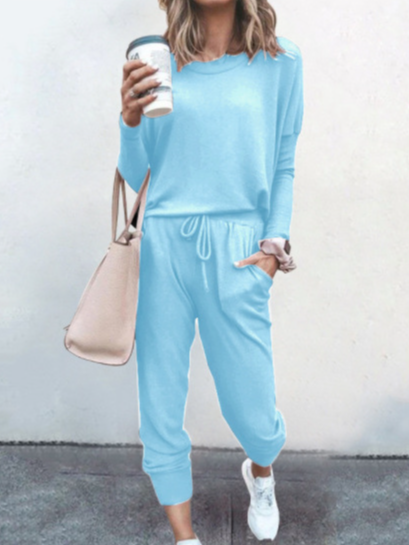 Deux Pièces Ensembles Femmes Décontracté Plain Printemps / Automne Naturel Ample Jersey Manches Longues Top Avec Pantalons Régulier