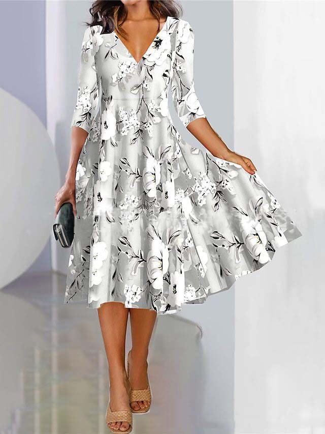 Femmes Floral Couleur 1 Col V Confortable Robe Mi-Longue Décontracté