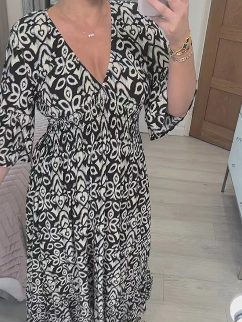 Femmes Ethnique Rouge Col V Confortable Robe Maxi Décontracté