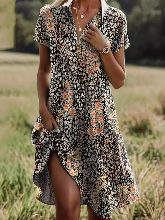 Femmes Rayé Brun Col de Chemise Confortable Mini Robe Décontracté