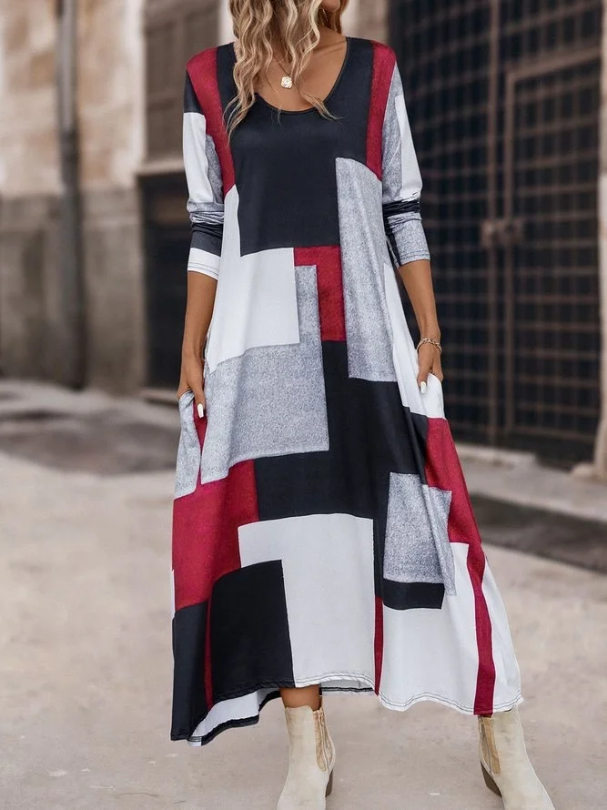 Femmes Géométrique Noir Col Rond Confortable Robe Maxi Décontracté