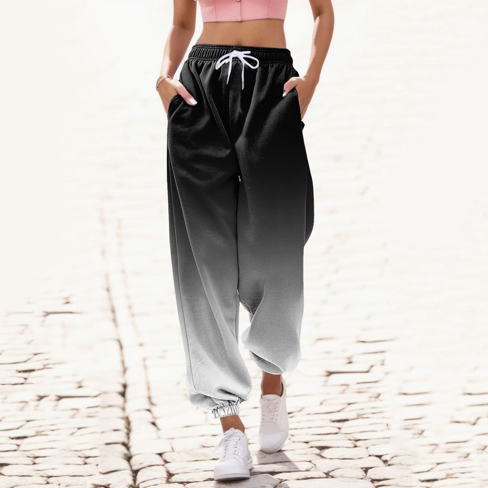 Pantalons Décontracté Ombre Printemps / Automne Naturel Ample Long Pantalon à bandes à la cheville Droit Régulier pour Femmes