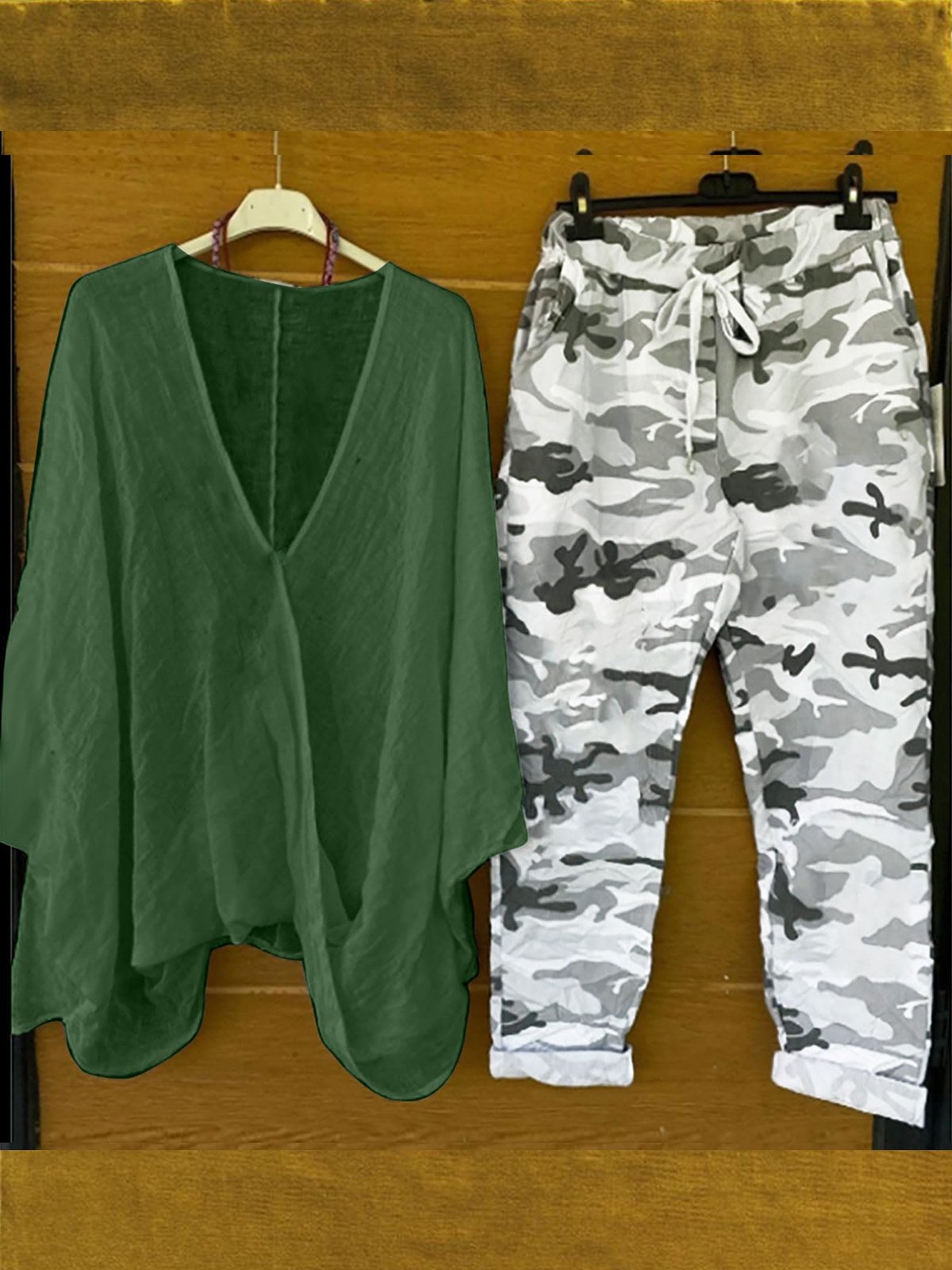 Deux Pièces Ensembles Décontracté Printemps / Automne Camouflage Naturel Micro-élasticité Quotidien Manches trois quarts Top Avec Pantalons Régulier pour Femmes