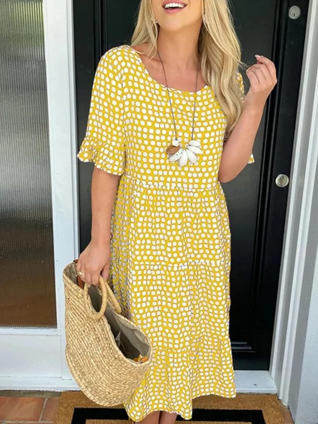 Femmes Pois Polka Noir Col Rond Confortable Robe Mi-Longue Décontracté