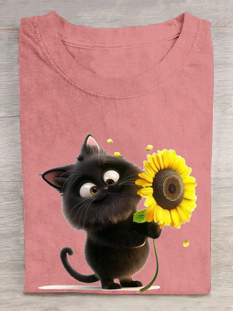 T-shirts Décontracté Été Chat Coton Ample Manches Courtes Régulier Régulier Oui pour Femmes