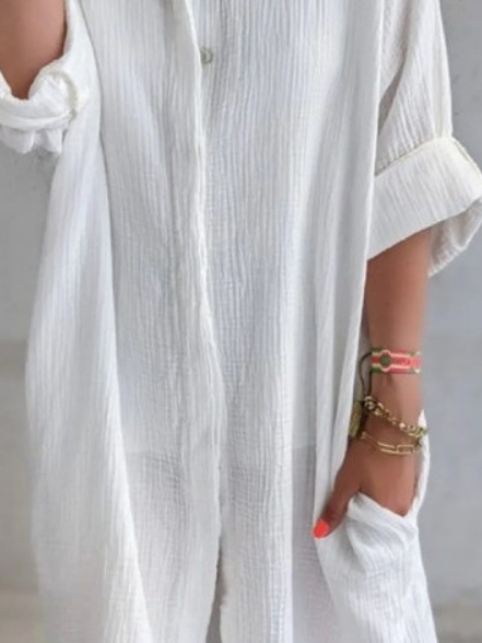 Femmes Plain Blanc Col de Chemise Confortable Robe Mi-Longue Décontracté