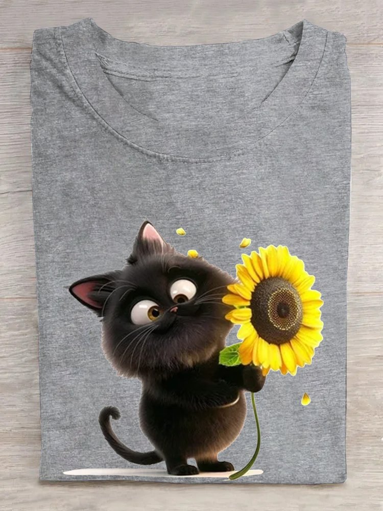T-shirts Décontracté Été Chat Coton Ample Manches Courtes Régulier Régulier Oui pour Femmes
