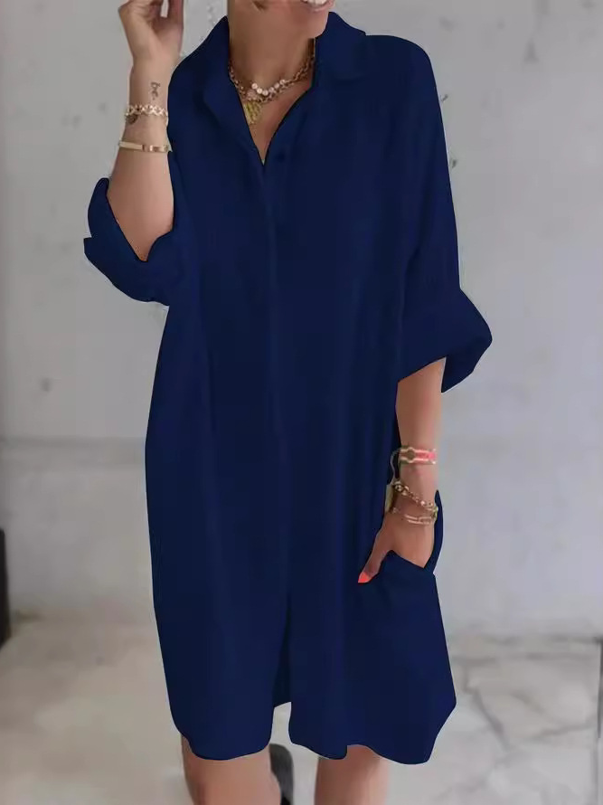 Femmes Plain Blanc Col de Chemise Confortable Robe Mi-Longue Décontracté