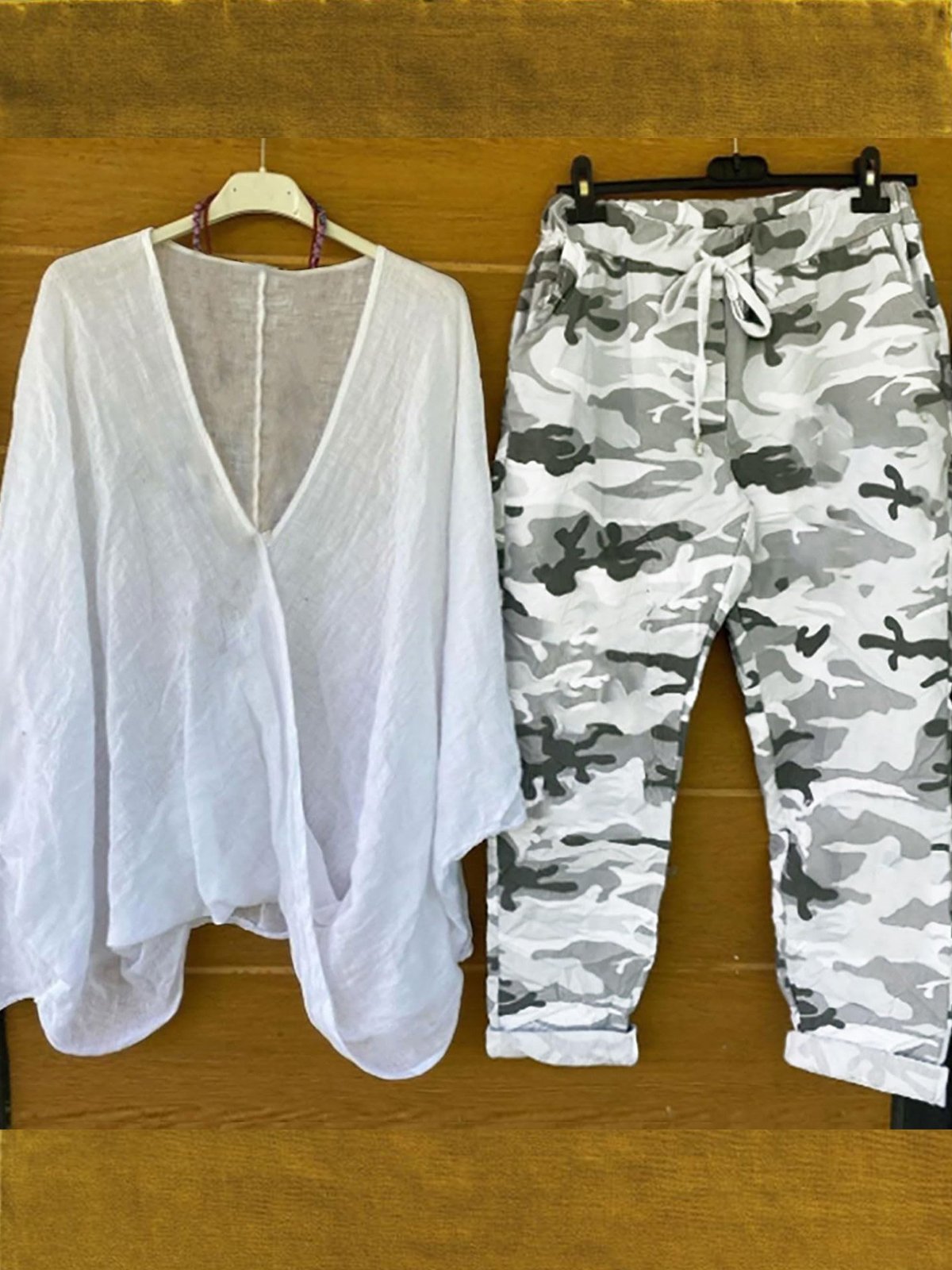 Deux Pièces Ensembles Décontracté Printemps / Automne Camouflage Naturel Micro-élasticité Quotidien Manches trois quarts Top Avec Pantalons Régulier pour Femmes