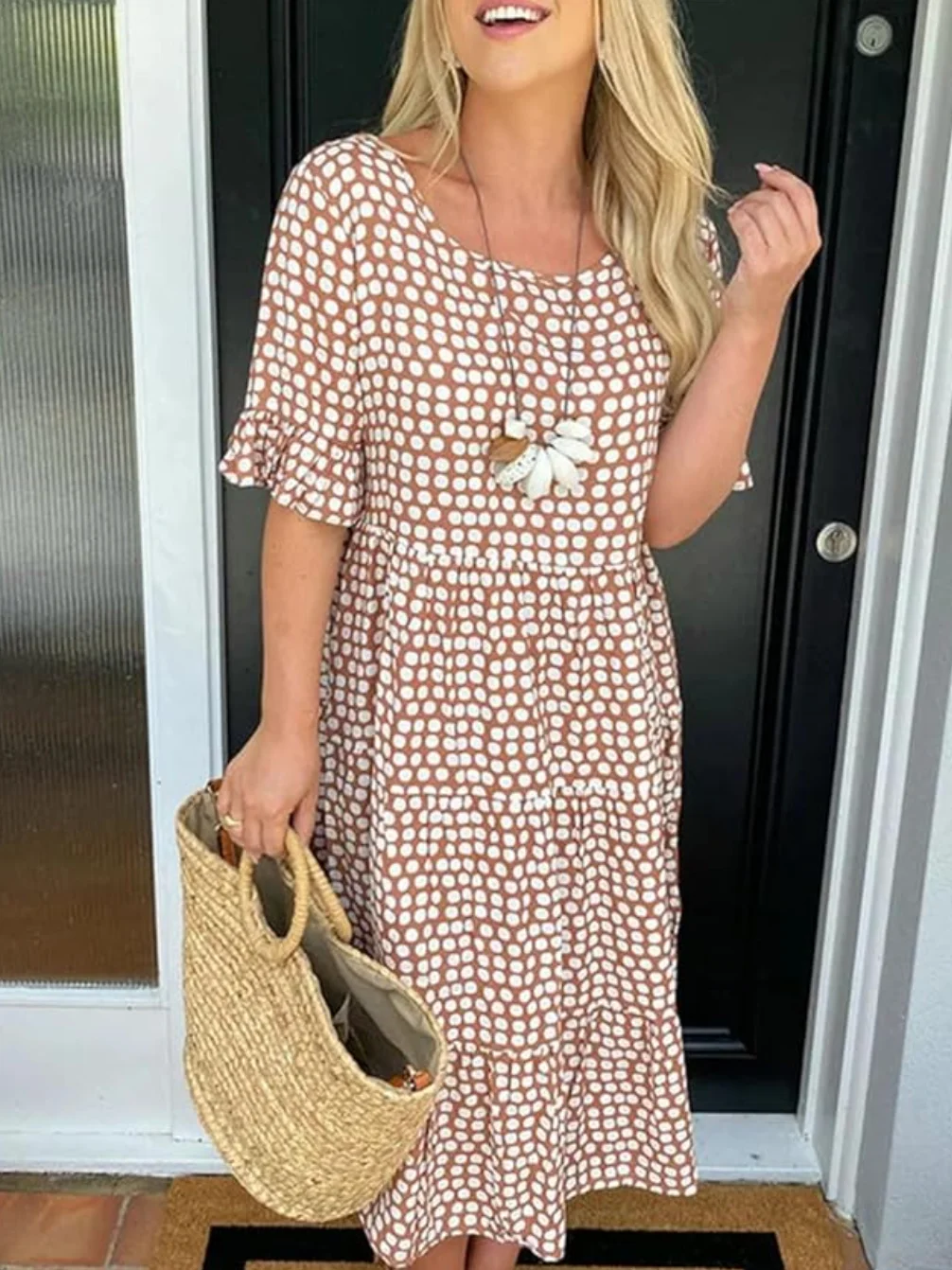 Femmes Pois Polka Noir Col Rond Confortable Robe Mi-Longue Décontracté