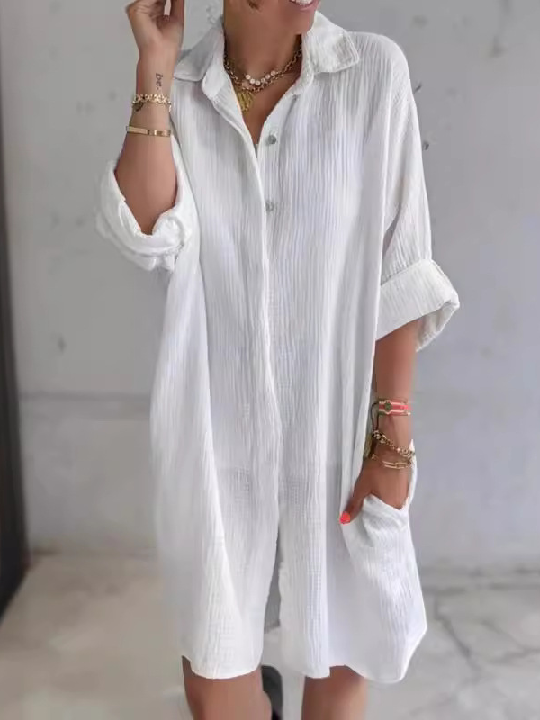 Femmes Plain Blanc Col de Chemise Confortable Robe Mi-Longue Décontracté