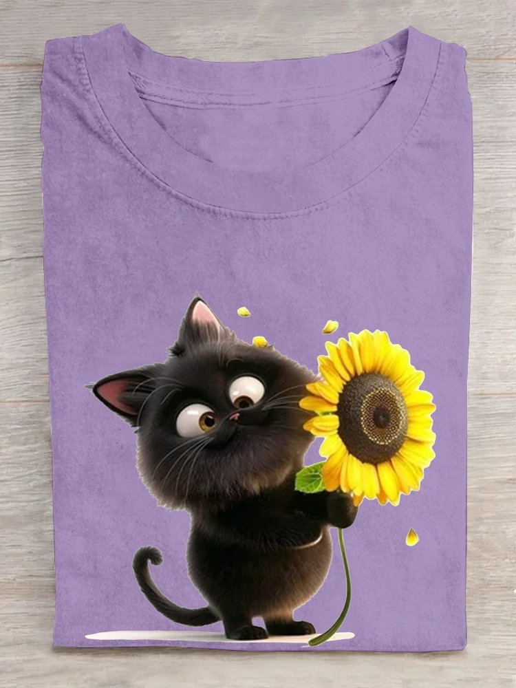 T-shirts Décontracté Été Chat Coton Ample Manches Courtes Régulier Régulier Oui pour Femmes