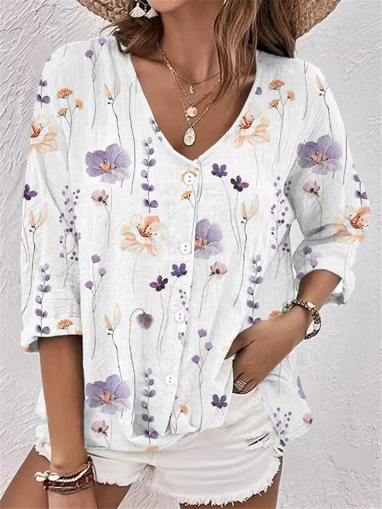 Chemises Floral Décontracté Printemps / Automne Coton Aucune élasticité Ample Mi-long Droit Régulier pour Femmes