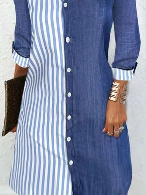 Femmes Rayé Bleu Col de Chemise Confortable Mini Robe Décontracté
