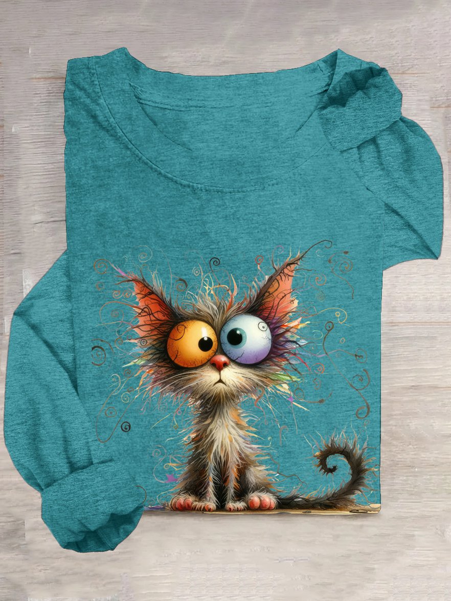 T-shirts Décontracté Printemps / Automne Chat Ample Manches Longues en Mélangé de Coton Régulier Élasticité moyenne Oui pour Femmes