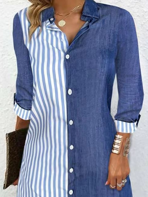 Femmes Rayé Bleu Col de Chemise Confortable Mini Robe Décontracté