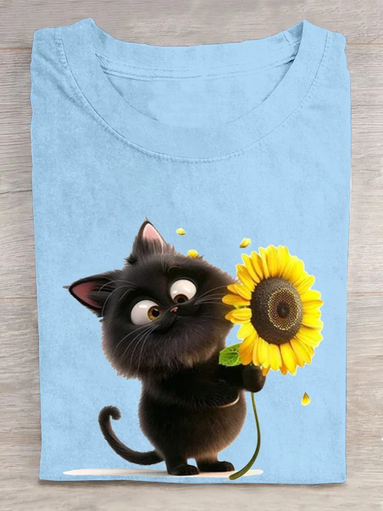T-shirts Décontracté Été Chat Coton Ample Manches Courtes Régulier Régulier Oui pour Femmes