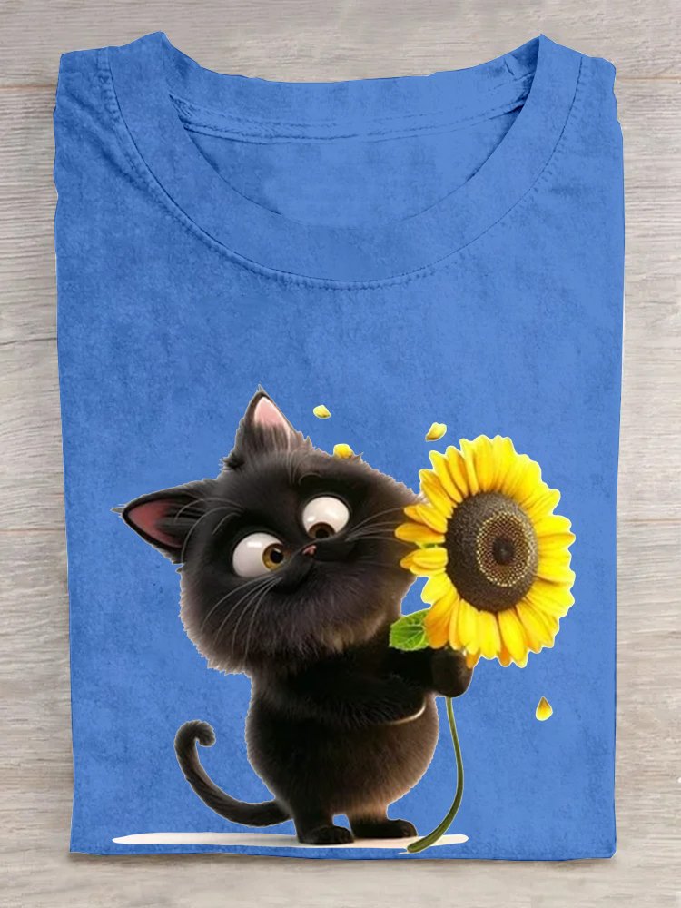 T-shirts Décontracté Été Chat Coton Ample Manches Courtes Régulier Régulier Oui pour Femmes