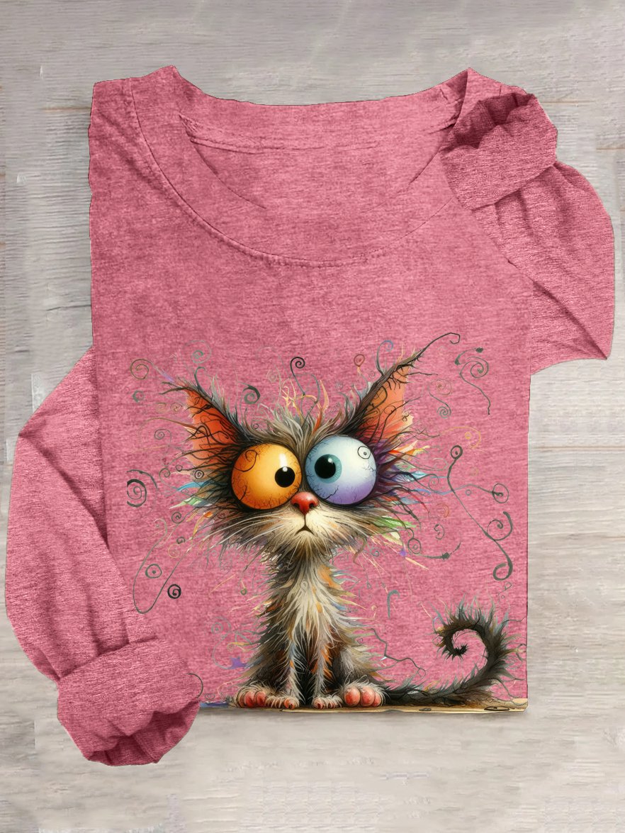 T-shirts Décontracté Printemps / Automne Chat Ample Manches Longues en Mélangé de Coton Régulier Élasticité moyenne Oui pour Femmes