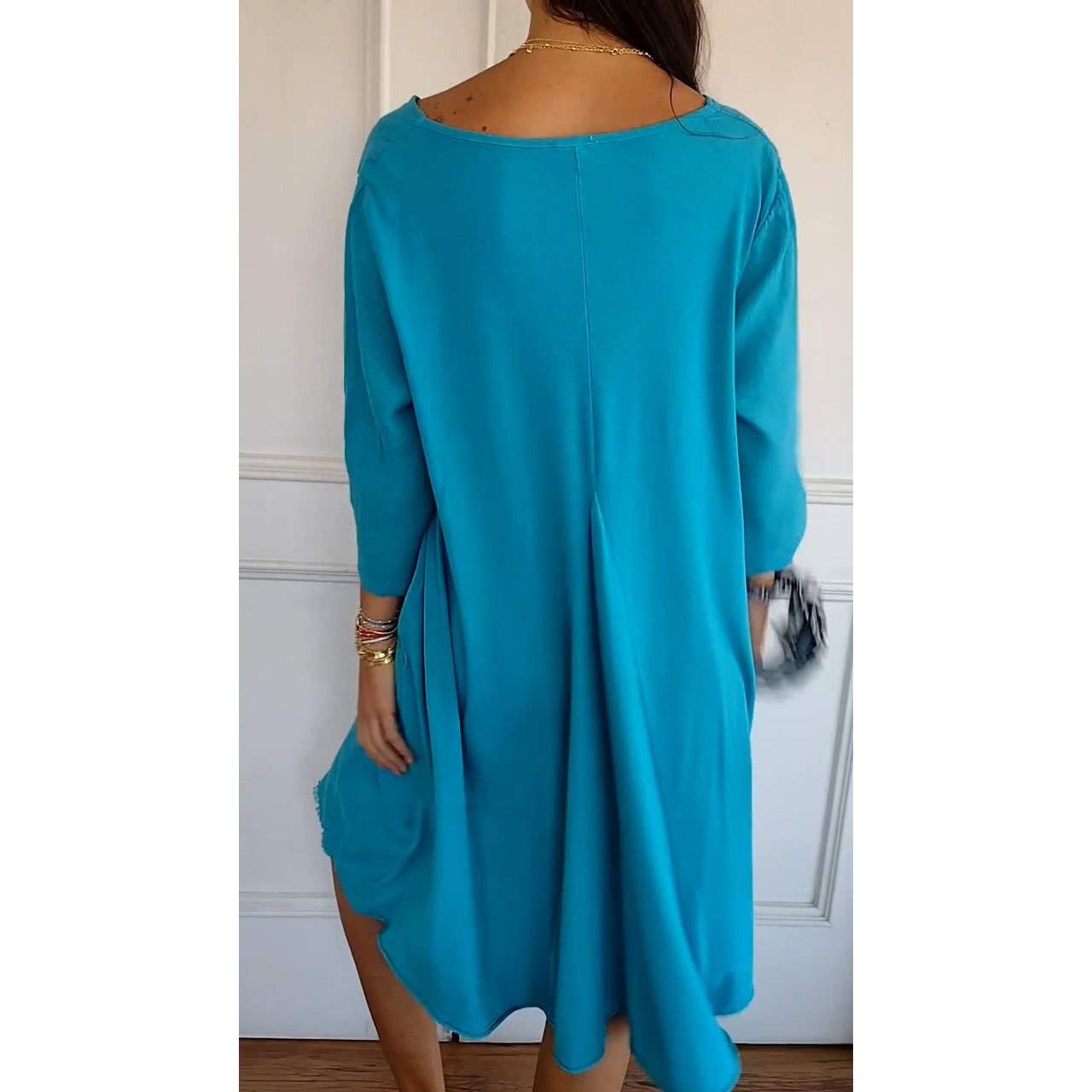 Femmes Plain Bleu Col V Confortable Robe Mi-Longue Décontracté