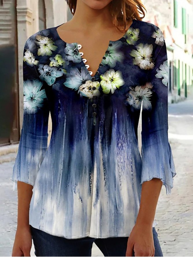 T-shirts Femmes Décontracté Floral Printemps / Automne Ample Col Rond Mi-long Boucle Régulier Élasticité moyenne