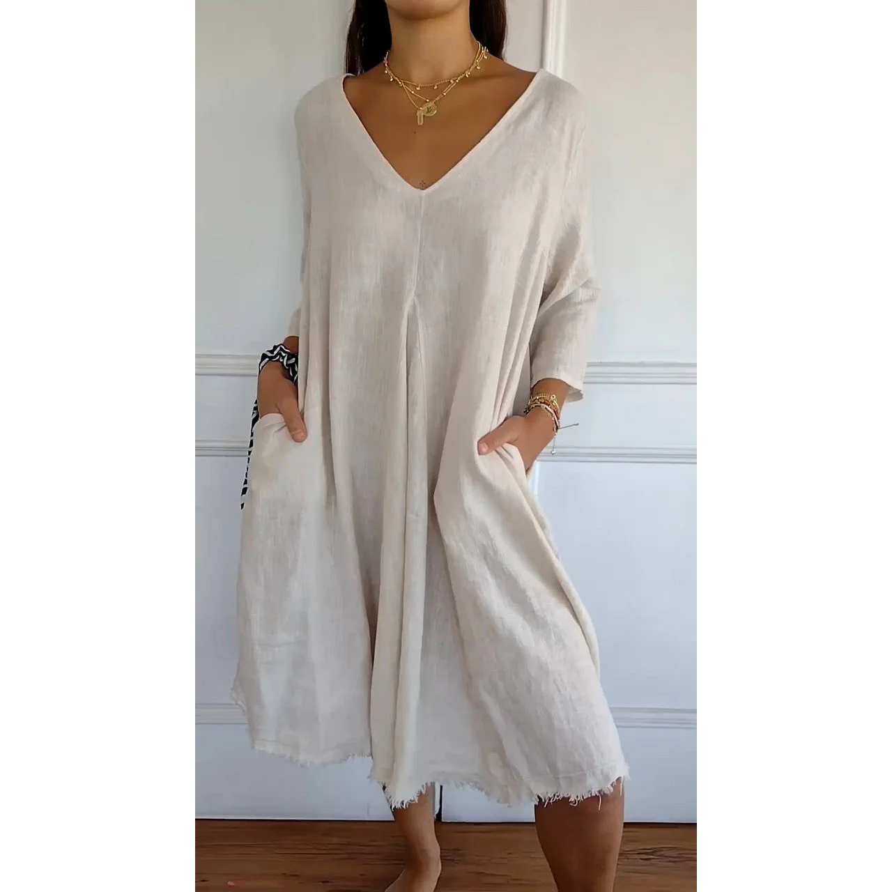 Femmes Plain Bleu Col V Confortable Robe Mi-Longue Décontracté