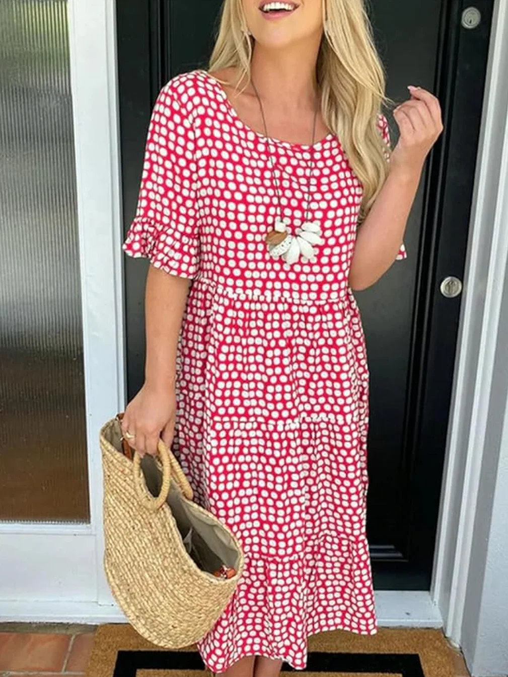 Femmes Pois Polka Noir Col Rond Confortable Robe Mi-Longue Décontracté