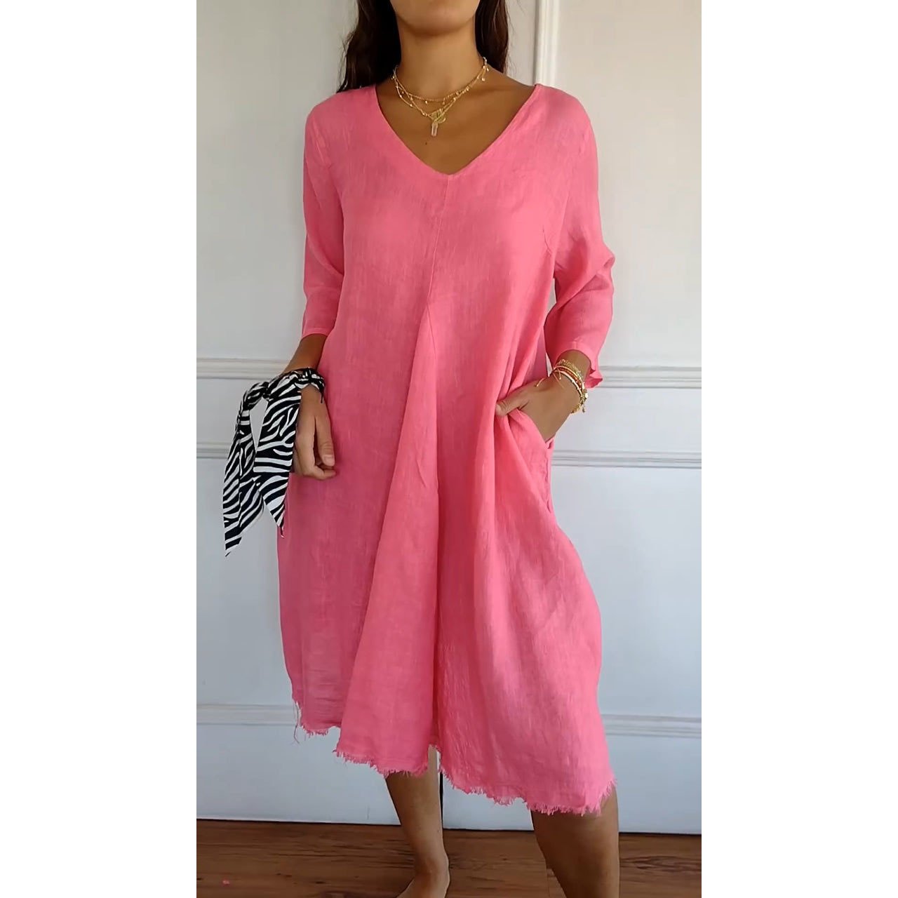 Femmes Plain Bleu Col V Confortable Robe Mi-Longue Décontracté